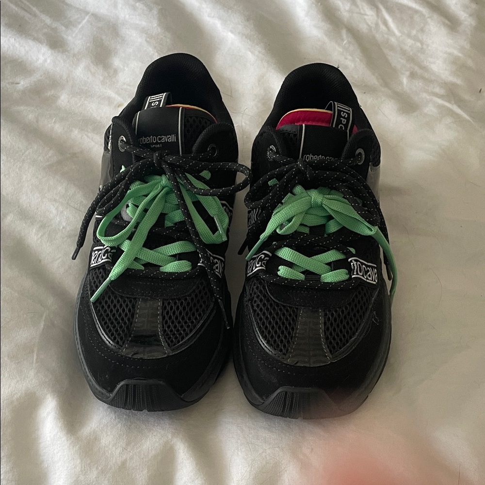 Roberto Cavalli Black Sneakers with Green Laces